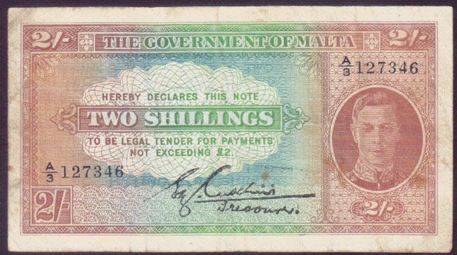 1942 Malta 2 Shillings (with watermark) gF L001769